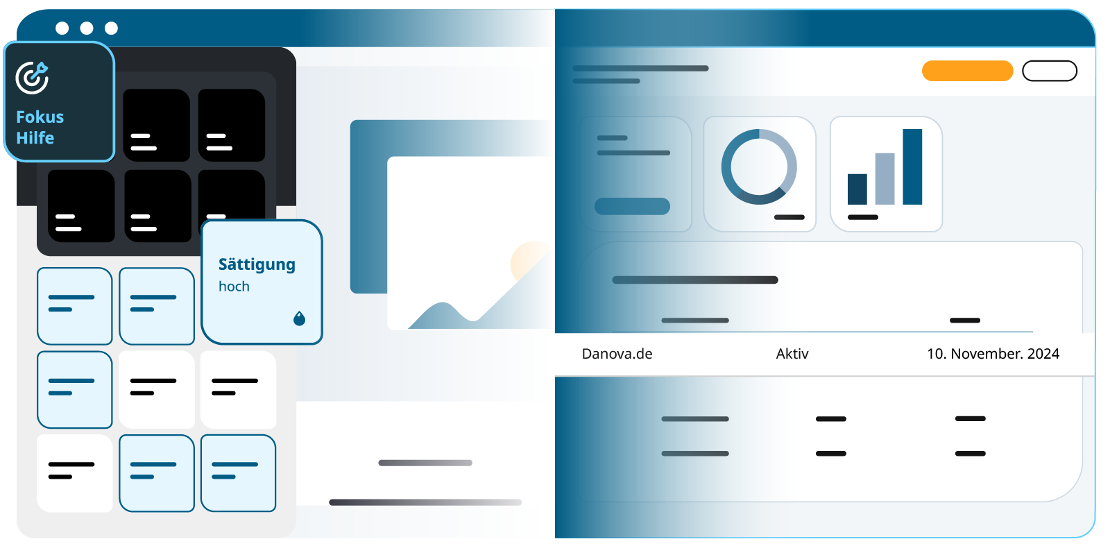 Zweigeteilte Illustration: Links eine Website mit aktivierten Funktionen des Widgets, rechts eine grafische Darstellung des Dashboards.